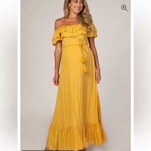 EUC Yellow Off Shoulder Tassel Tie Maternity Maxi Dress